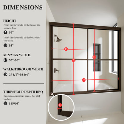 Nivorix Cleo 59 in. W x 56 in. H Sliding Framed Tub Door with Clear Tempered Glass