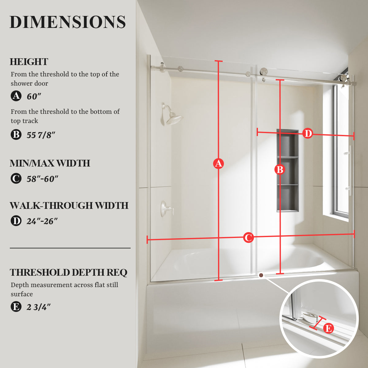 Nivorix Nexus 60 in. W x 60 in. H Sliding Semi-Frameless Tub Door with Clear Tempered Glass