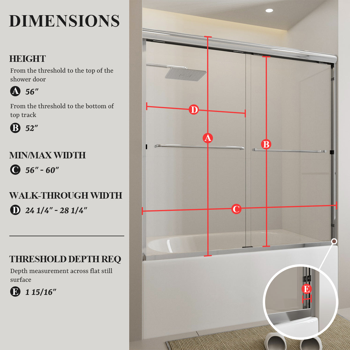Nivorix Ridge 56 in. W x 60 in. H Sliding Semi-Frameless Tub Door with Clear Glass