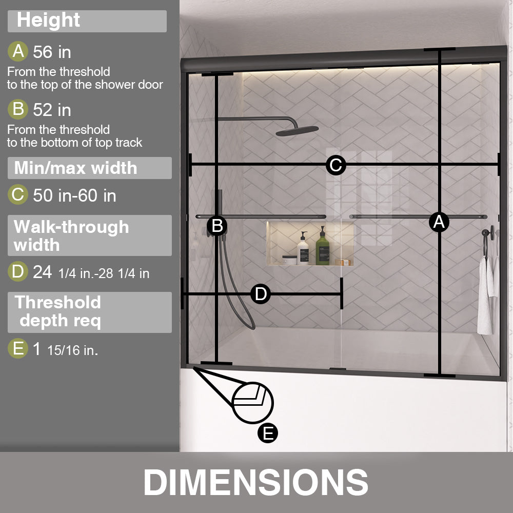 Shine 60 in. W x 56 in. H Semi-Frameless Sliding Tub Door with 1/4 in. Clear Tempered Glass 3_c27e5071-beb2-47da-a3d8-5d044d8aaac9