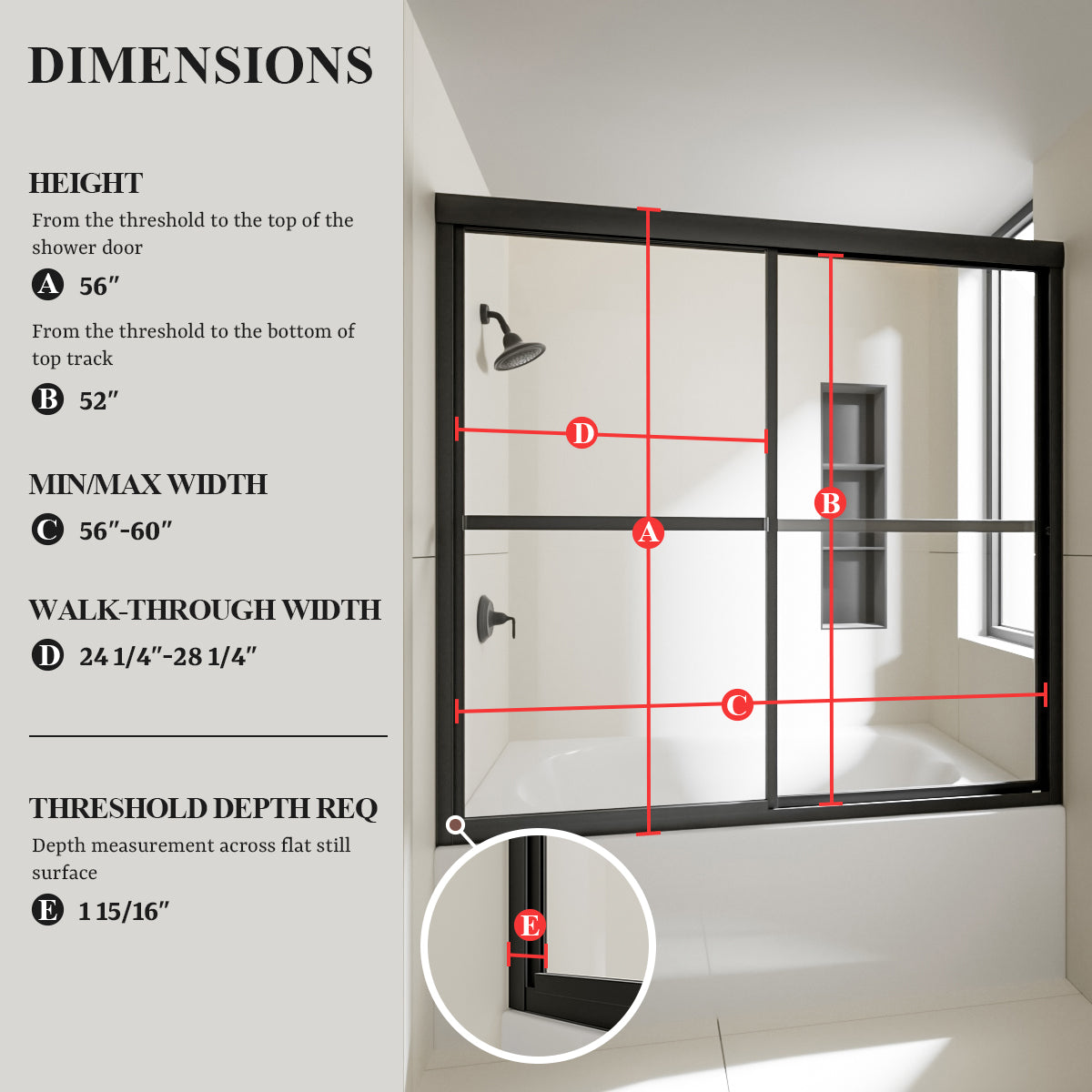 Nivorix Cleo 59 in. W x 56 in. H Sliding Framed Tub Door with Clear Tempered Glass