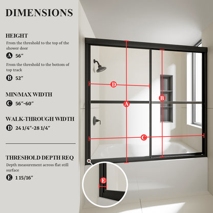 Nivorix Cleo 59 in. W x 56 in. H Sliding Framed Tub Door with Clear Tempered Glass