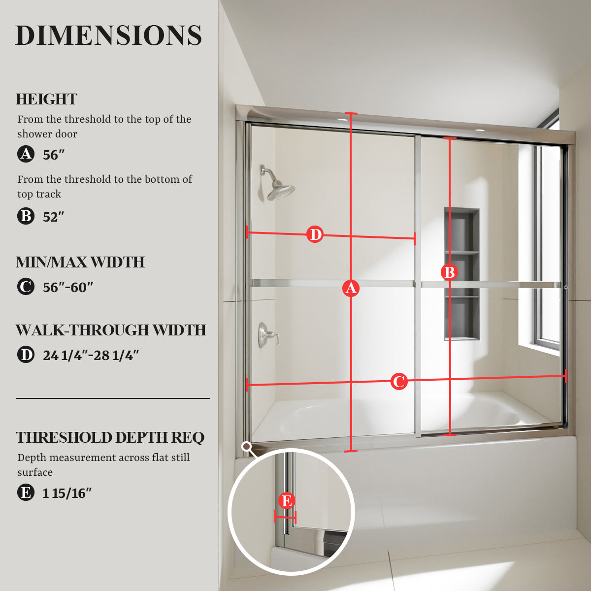 Nivorix Cleo 59 in. W x 56 in. H Sliding Framed Tub Door with Clear Tempered Glass
