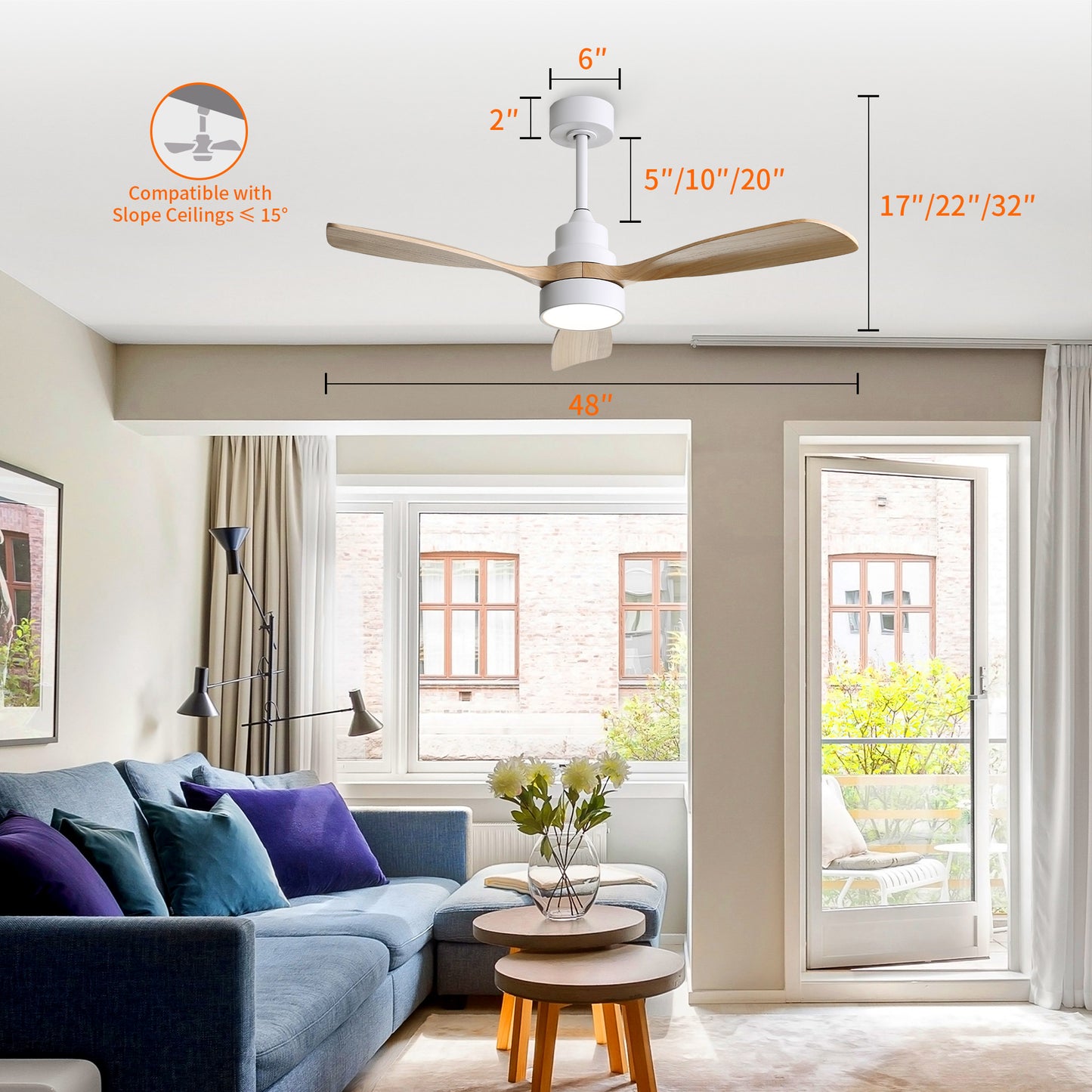 Taimei Auris 48 in. Downrod Standard Ceiling Fan with Integrated LED with Remote Included 3-Reversible Blades