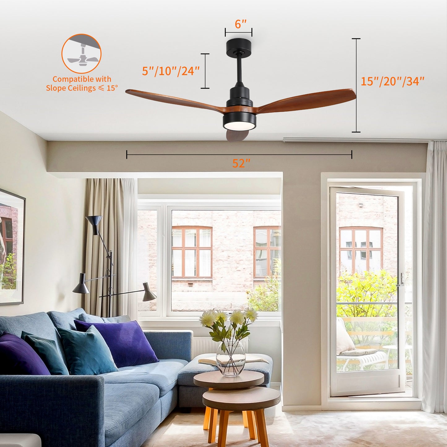 Taimei Selen 52 in. Downrod Standard Ceiling Fan with Integrated LED with Remote Included 3-Blade Reversible