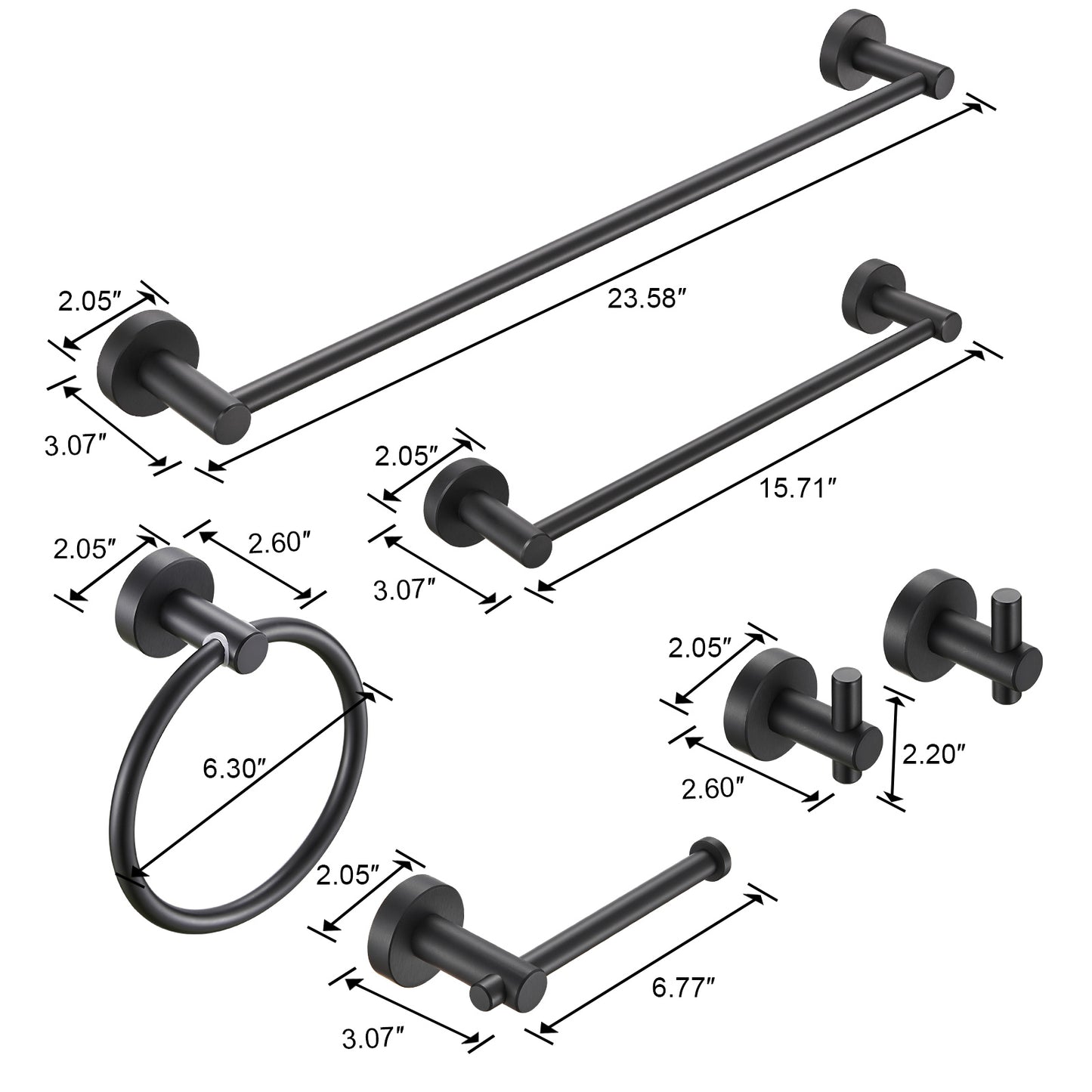 Gluon 6-Piece Bath Hardware Set with Towel Bars x2, Toilet Paper Holder, Robe Hooks x2 and Towel Ring Matte Black 3b15dc9686607114ebd66dd028e6c009
