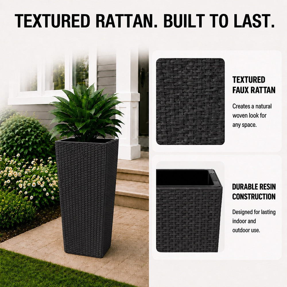 Cendra 22 in. Black Faux Rattan Polypropylene Self-Watering Square Planter (2-Pack) for Indoor/Outdoor Use