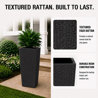 Cendra 22 in. Black Faux Rattan Polypropylene Self-Watering Square Planter (2-Pack) for Indoor/Outdoor Use