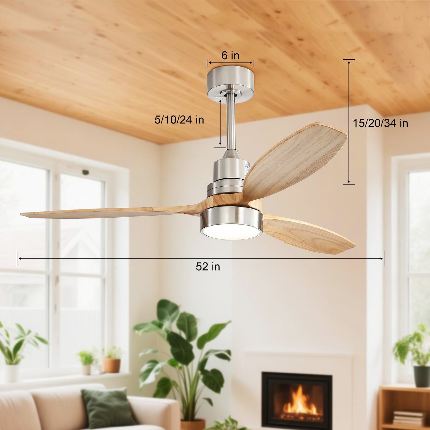 Taimei Selen 52 in. Downrod Standard Ceiling Fan with Integrated LED with Remote Included 3-Blade Reversible