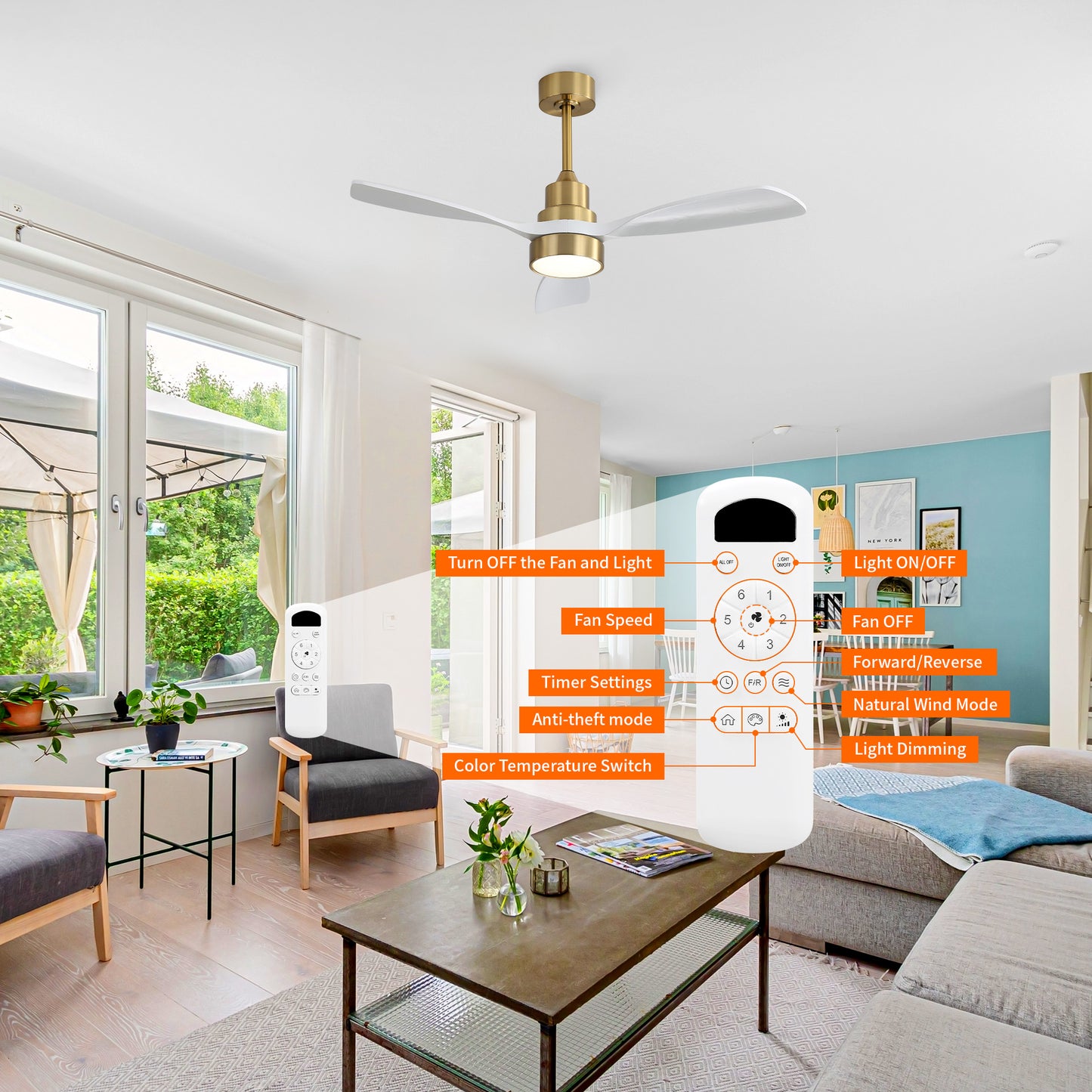 Taimei Auris 48 in. Downrod Standard Ceiling Fan with Integrated LED with Remote Included 3-Reversible Blades