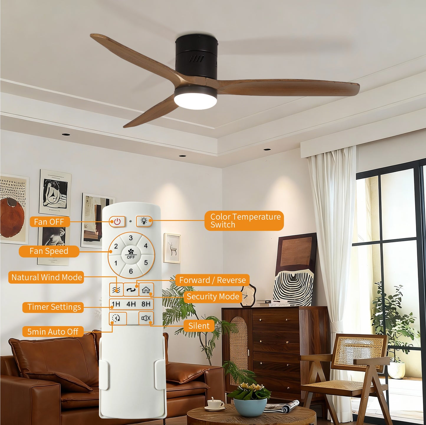 Taimei Ryme 52 in. Flush Mount Ceiling Fan with Light and Remote, DC Motor, Reversible 5_592243a2-0393-45d1-a2a7-78ef1f23f61a
