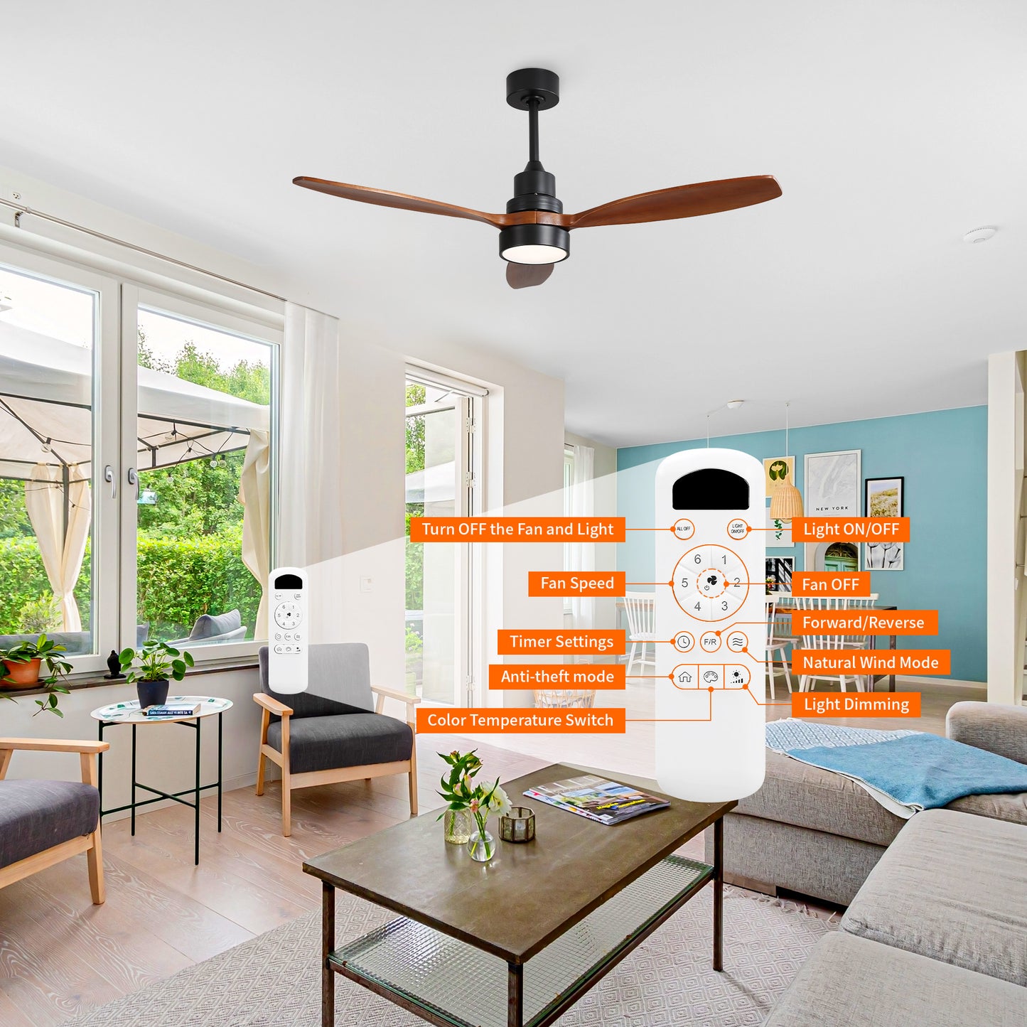 Taimei Selen 52 in. Downrod Standard Ceiling Fan with Integrated LED with Remote Included 3-Blade Reversible