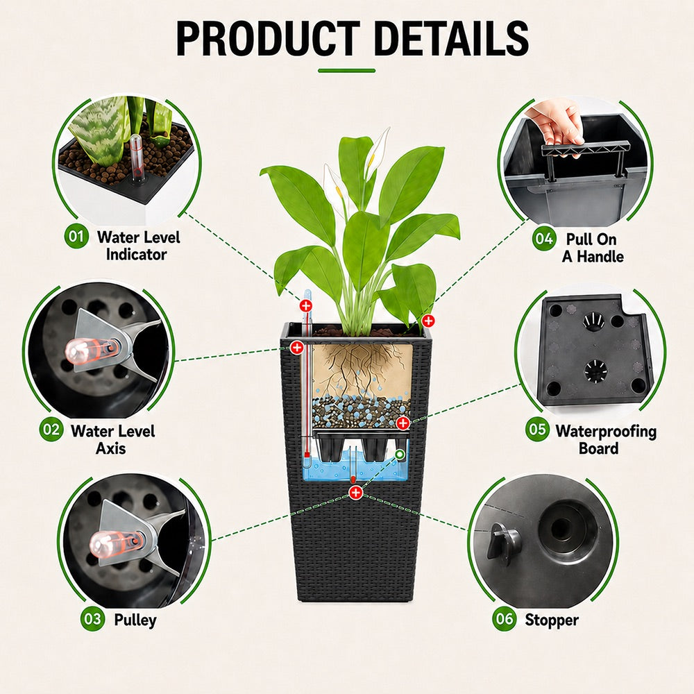 Cendra 22 in. Black Faux Rattan Polypropylene Self-Watering Square Planter (2-Pack) for Indoor/Outdoor Use