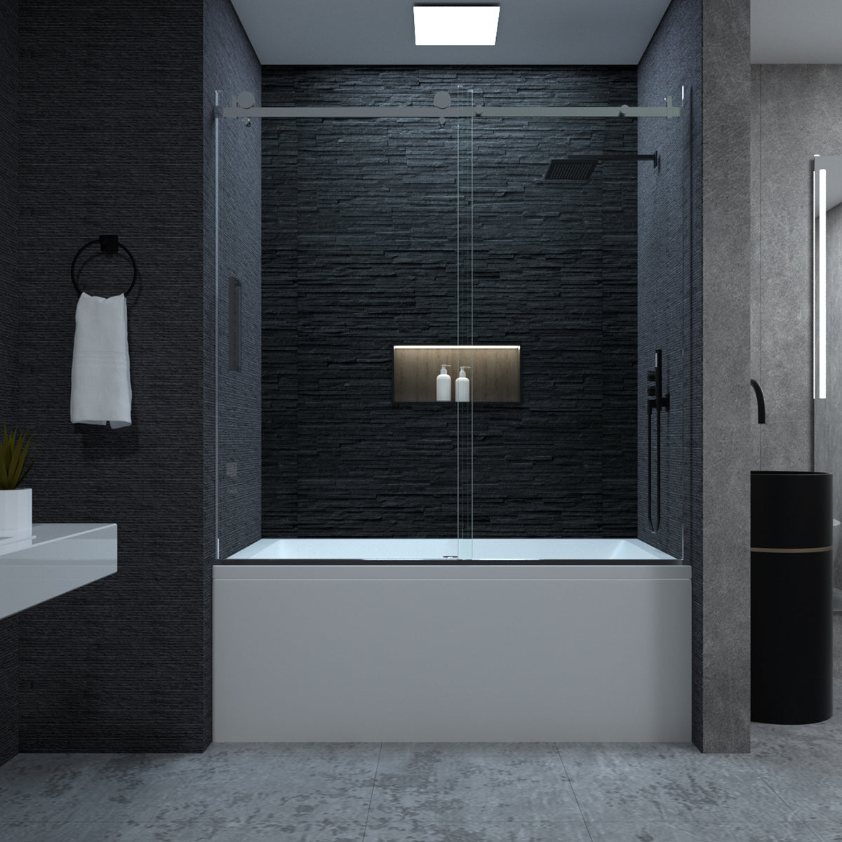 Niveal Essen 60 in. W x 60 in. H Sliding Semi-Frameless Tub Door in Matte Black Finish 6_07acefdc-1a9f-4f4b-8fff-3fea6b6e1c18
