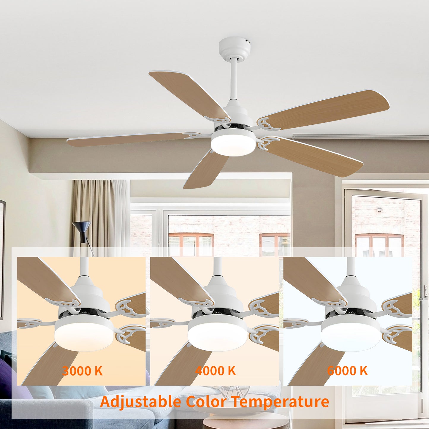 Taimei Cirrus 52 in. White Oak Downrod Standard Ceiling Fan with Integrated LED with Remote Included 5 Two-Tone Blades DC Motor 6_3951c474-47f1-41a1-bdc5-196399596d56