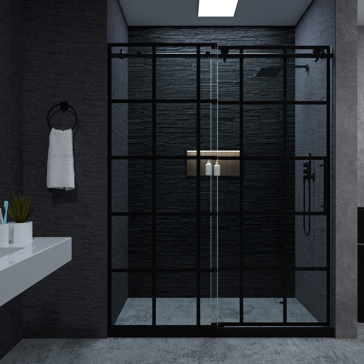 Niveal Ruhr 60 in. W x 76 in. H Sliding Semi-Frameless Shower Door in Matte Black with Patterned Glass 6_44390d7e-d826-4f55-bbaf-c4f95a71863d
