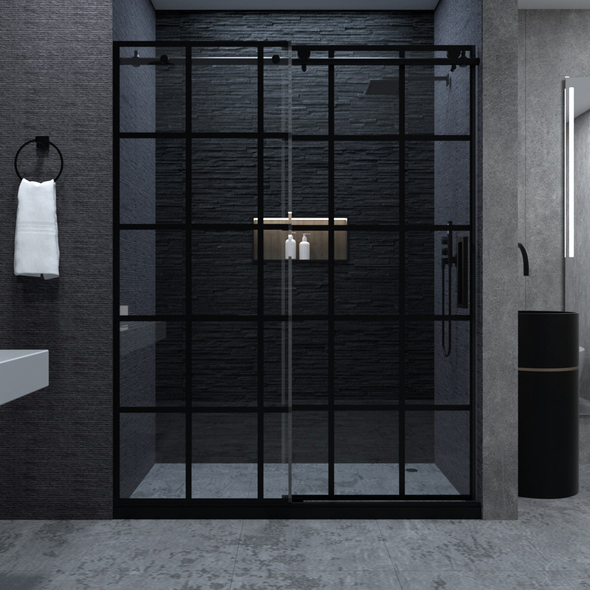 Niveal Ruhr 60 in. W x 76 in. H Sliding Semi-Frameless Shower Door in Matte Black with Patterned Glass 6_a3ef369c-f99b-4a65-9355-9e78fb69981e