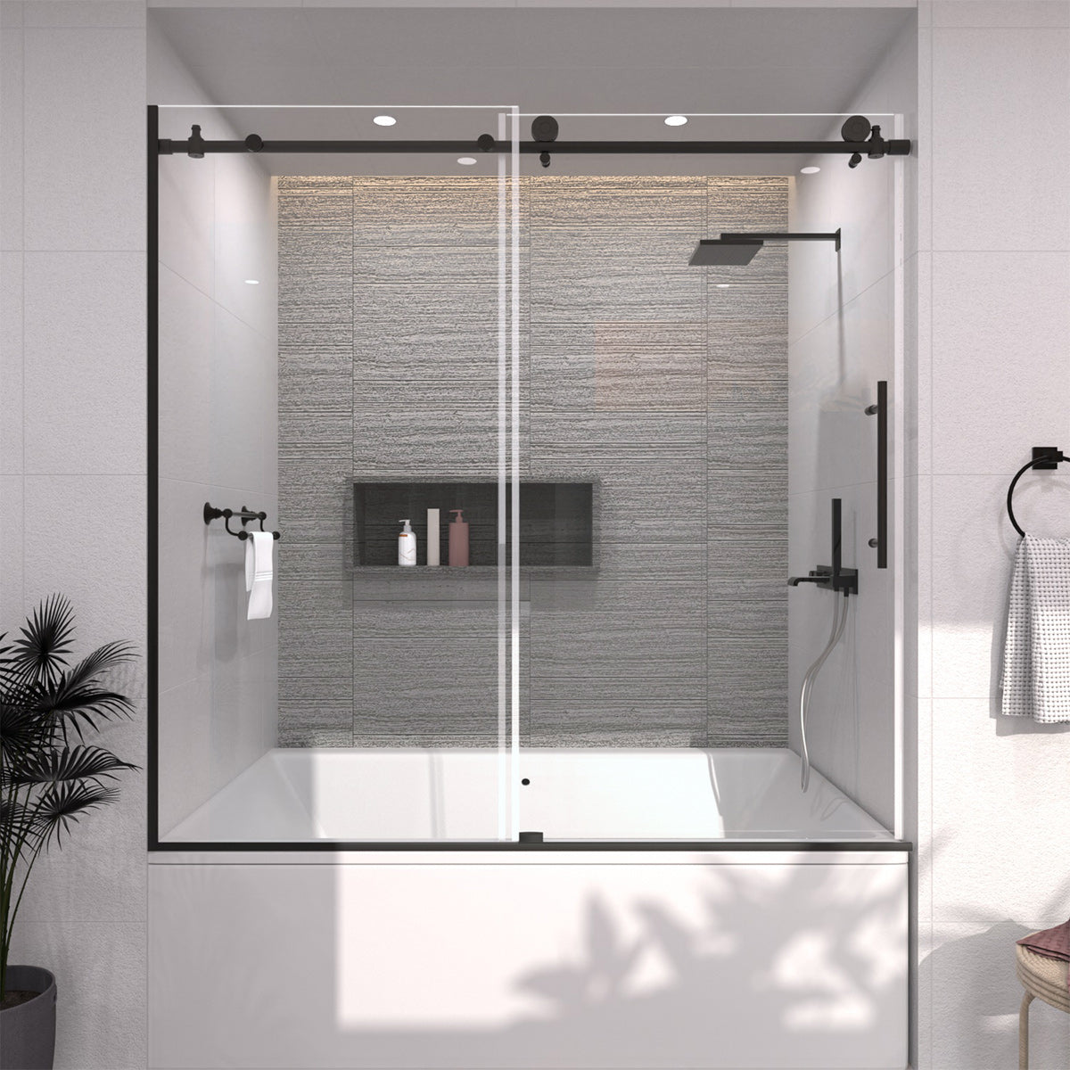 TaiMei 60 in. W x 60 in. H Sliding Semi-Frameless Tub Door with Clear Glass and Handles Matte Black 7051-6060-BL01_09153888-f0ad-481b-8766-36bc83b24b76