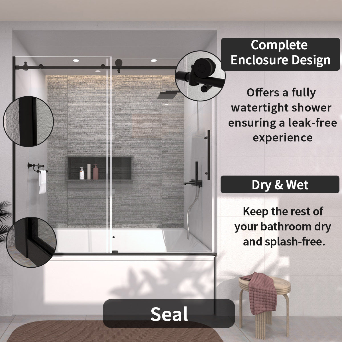 TaiMei 60 in. W x 60 in. H Sliding Semi-Frameless Tub Door with Clear Glass and Handles 7051-6060-BL10_d6b99260-4141-40d1-a445-177f4a30bb3d