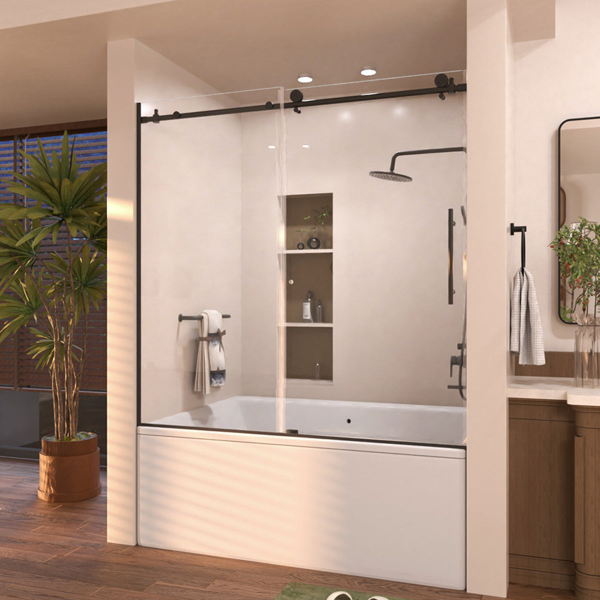 Eon 60 in. W x 60 in. H Sliding Semi-Frameless Tub Door with Clear Glass