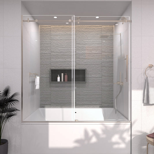 TaiMei 60 in. W x 60 in. H Sliding Semi-Frameless Tub Door with Clear Glass and Handles Brushed Nickel 7051-6060-BN01_2386f45f-070c-4350-95dd-ca1604a2e940