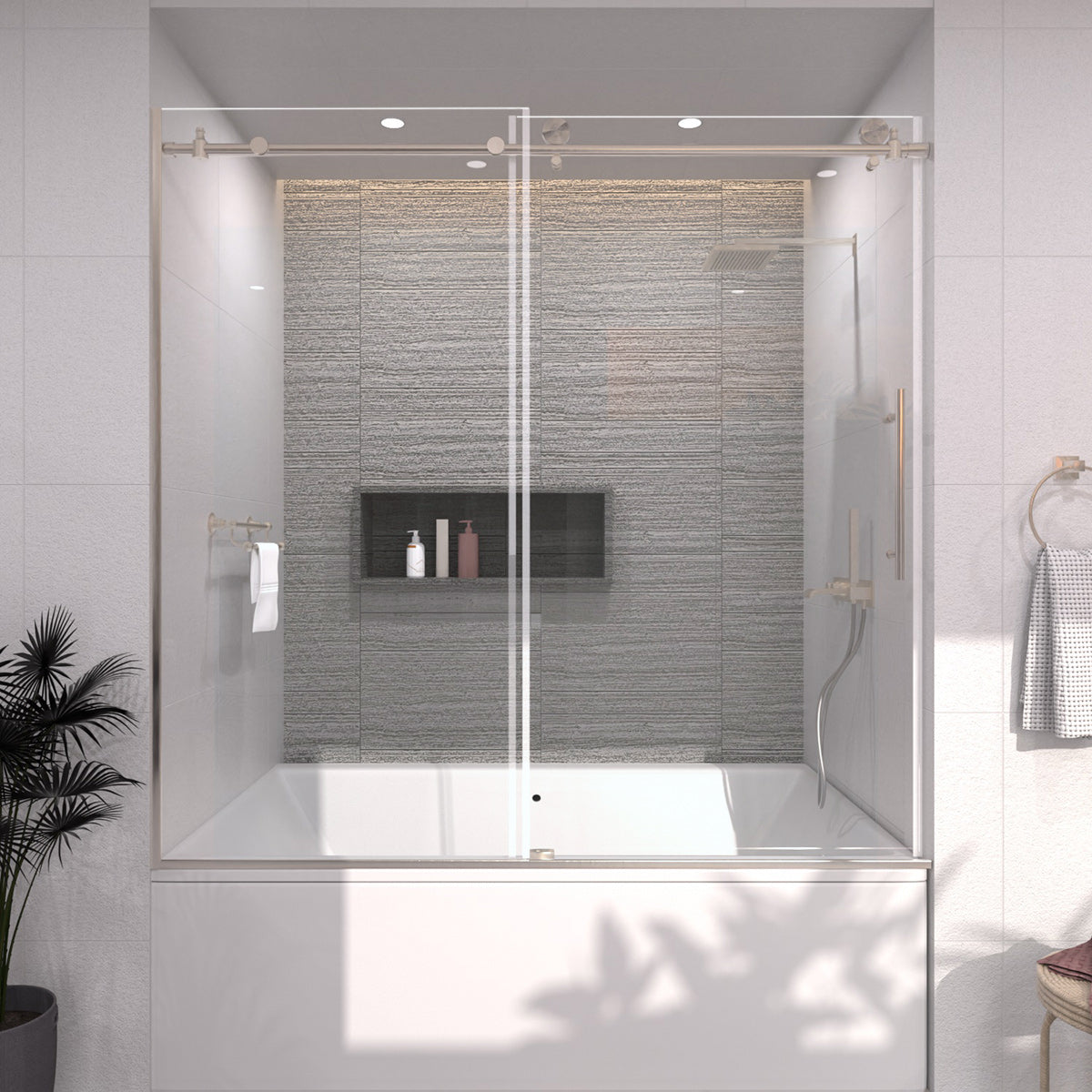 TaiMei 60 in. W x 60 in. H Sliding Semi-Frameless Tub Door Brushed Nickel 7051-6060-BN01_fa375771-85ec-46ac-aba9-89915cecf1a1