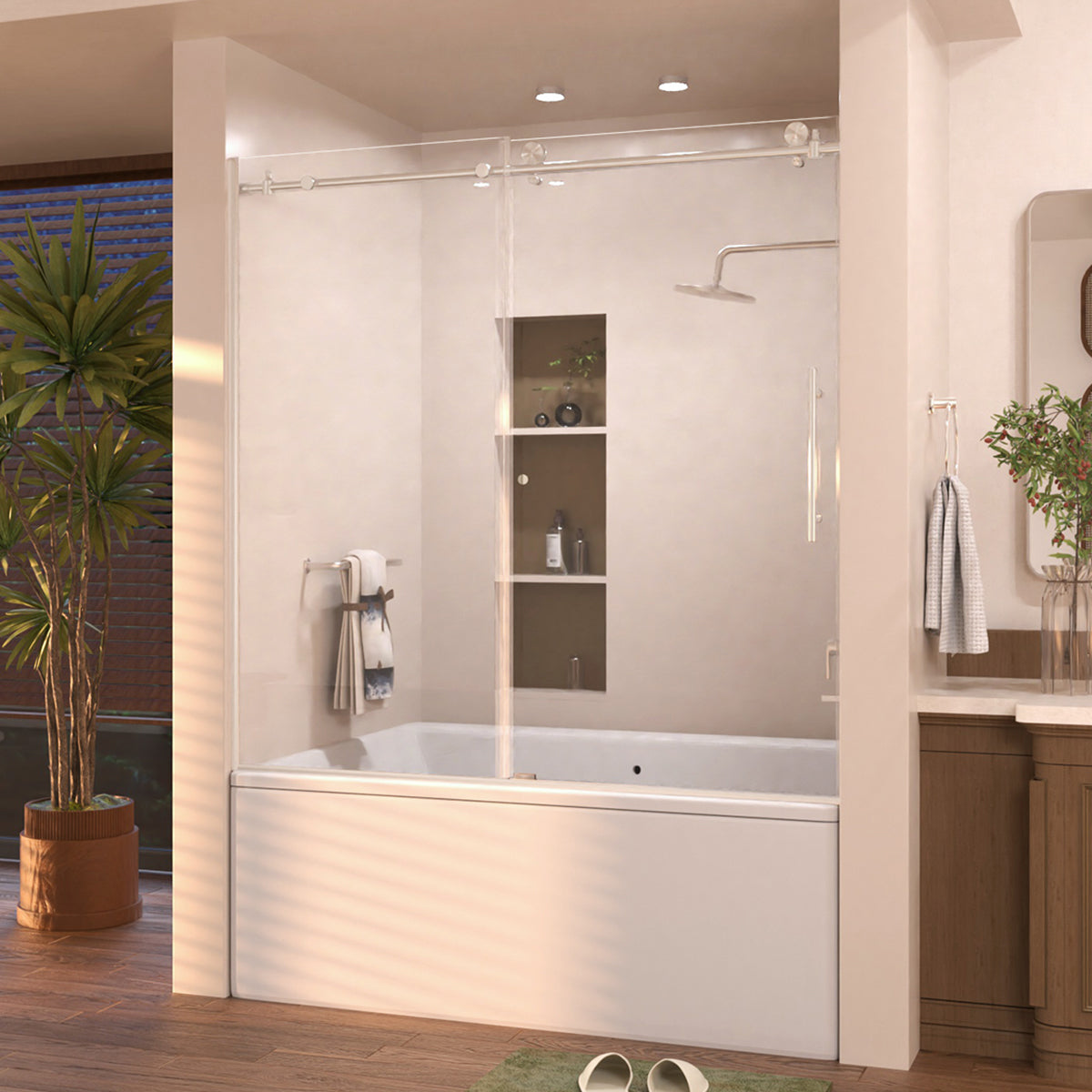 Eon 60 in. W x 60 in. H Sliding Semi-Frameless Tub Door with Clear Glass