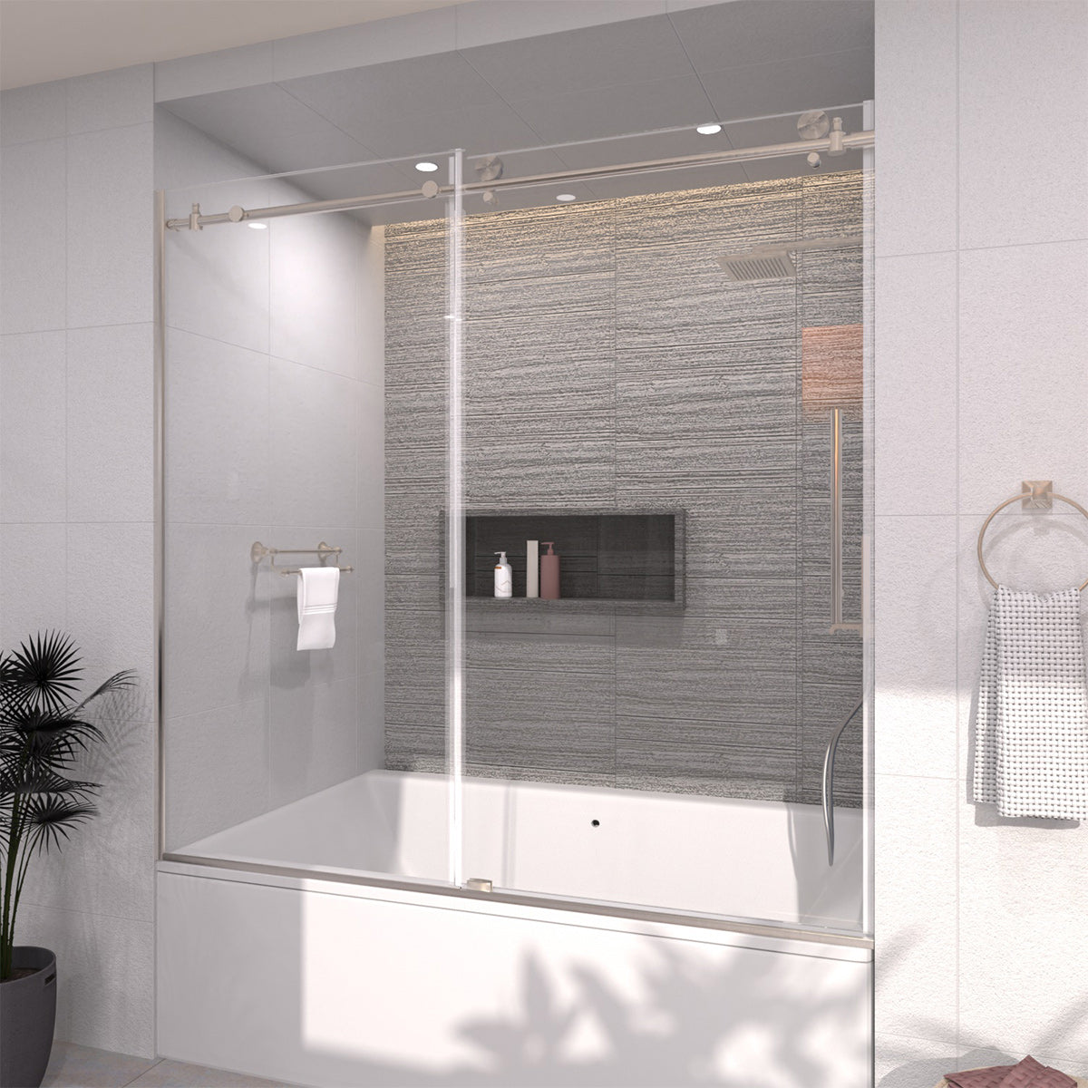 TaiMei 60 in. W x 60 in. H Sliding Semi-Frameless Tub Door with Clear Glass and Handles 7051-6060-BN03_a7161c0c-bb53-4237-b4d7-f95c1900971d