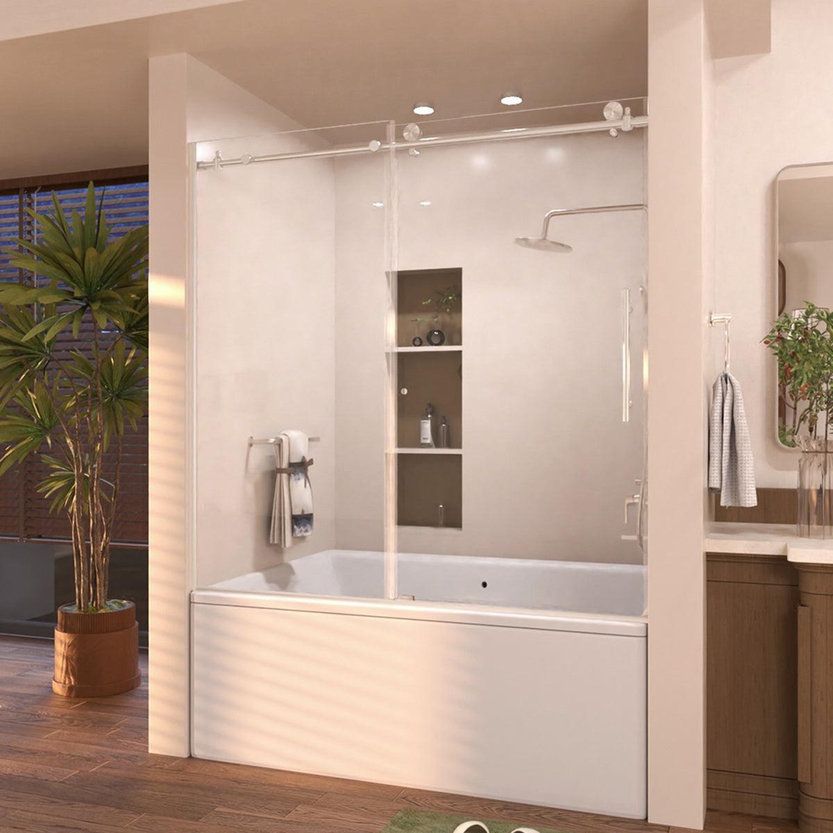 Eon 60 in. W x 60 in. H Sliding Semi-Frameless Tub Door with Clear Glass