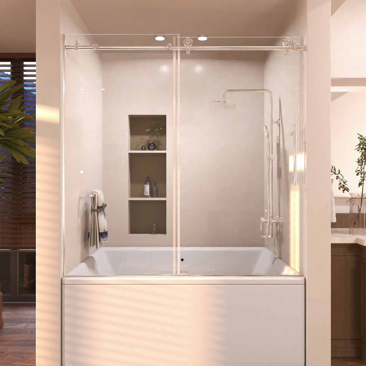 Eon 60 in. W x 60 in. H Sliding Semi-Frameless Tub Door with Clear Glass