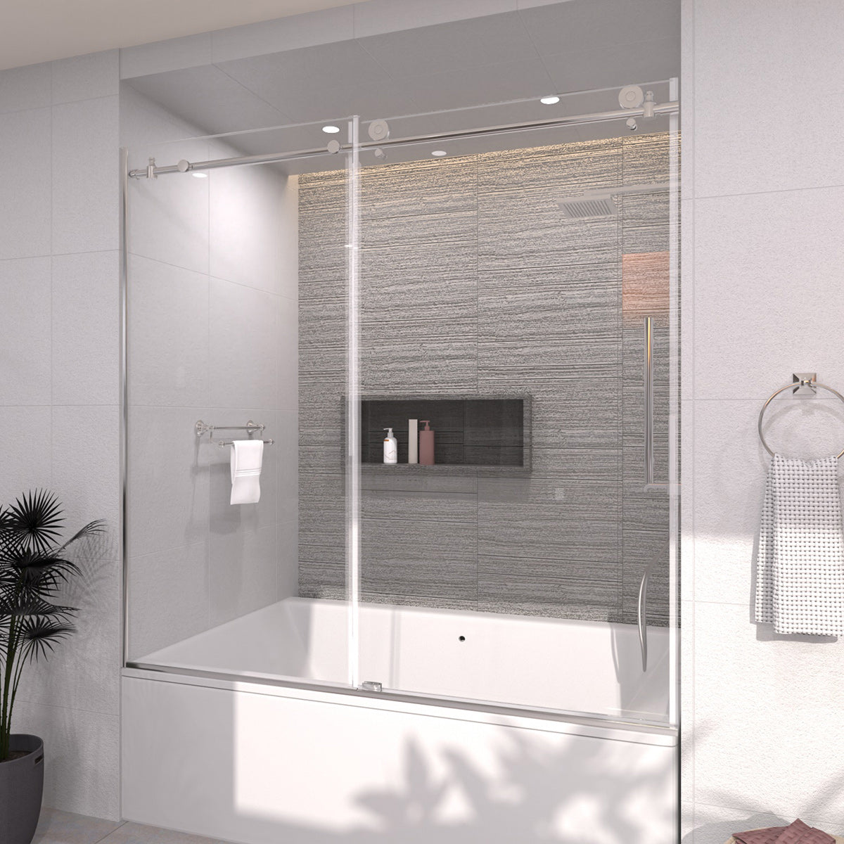TaiMei 60 in. W x 60 in. H Sliding Semi-Frameless Tub Door with Clear Glass and Handles 7051-6060-CR03_cb2928a9-19c5-47fa-917f-6698732a7d60