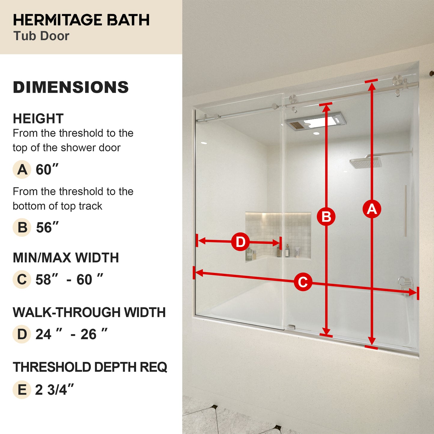 Muse 60 in. W x 60 in. H Sliding Bath Tub Door in Semi Frameless with Clear Glass 7051-6060BN-3