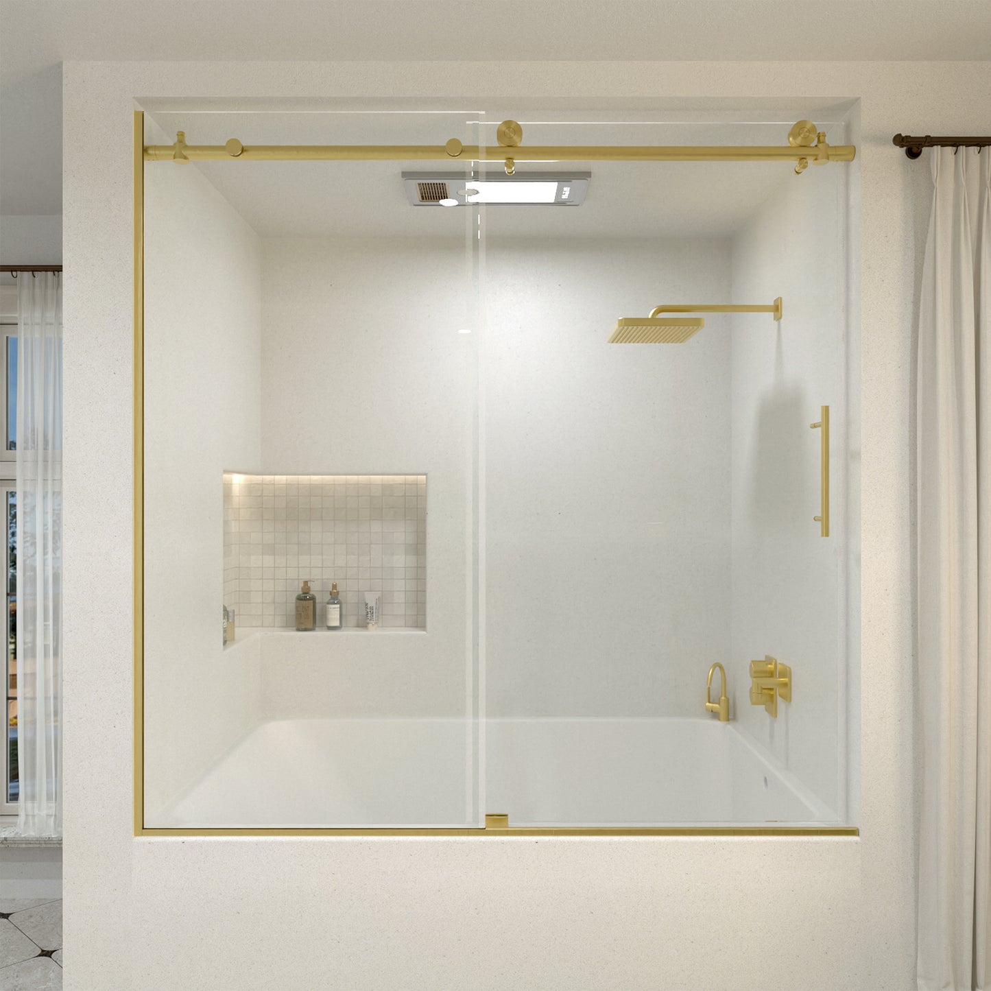 Saudade 60 in. W x 60 in. H Sliding Frameless Tub Door Finish with Clear Glass Brushed Gold 7051-6060GD-1