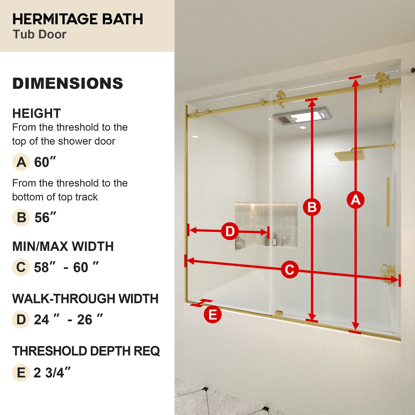Saudade 60 in. W x 60 in. H Sliding Frameless Tub Door Finish with Clear Glass 7051-6060GD-3