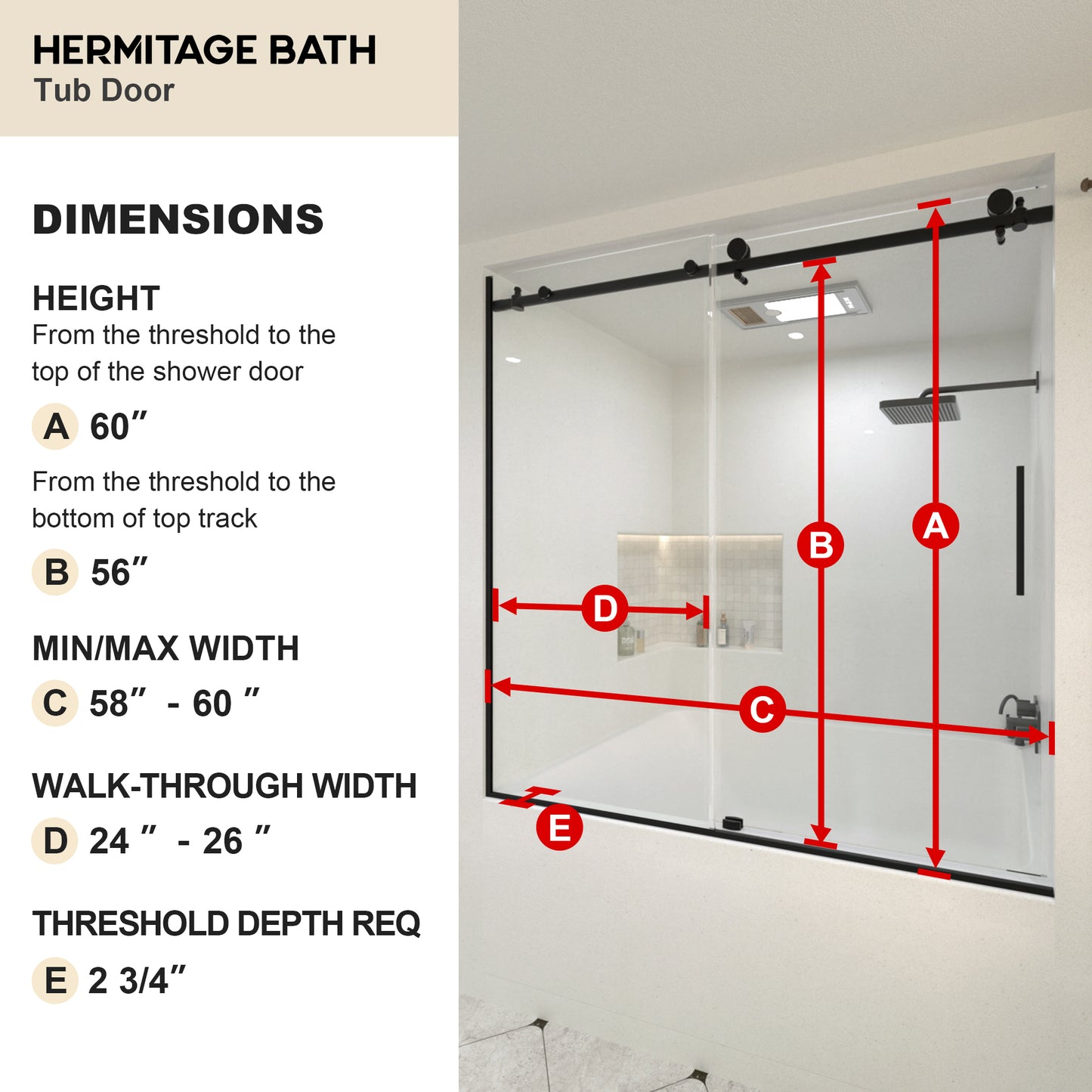 Saudade 60 in. W x 60 in. H Sliding Frameless Tub Door Finish with Clear Glass 7051-6060MB-3_5e1482fa-37f4-41b7-bf0c-97bbf5ece5e7