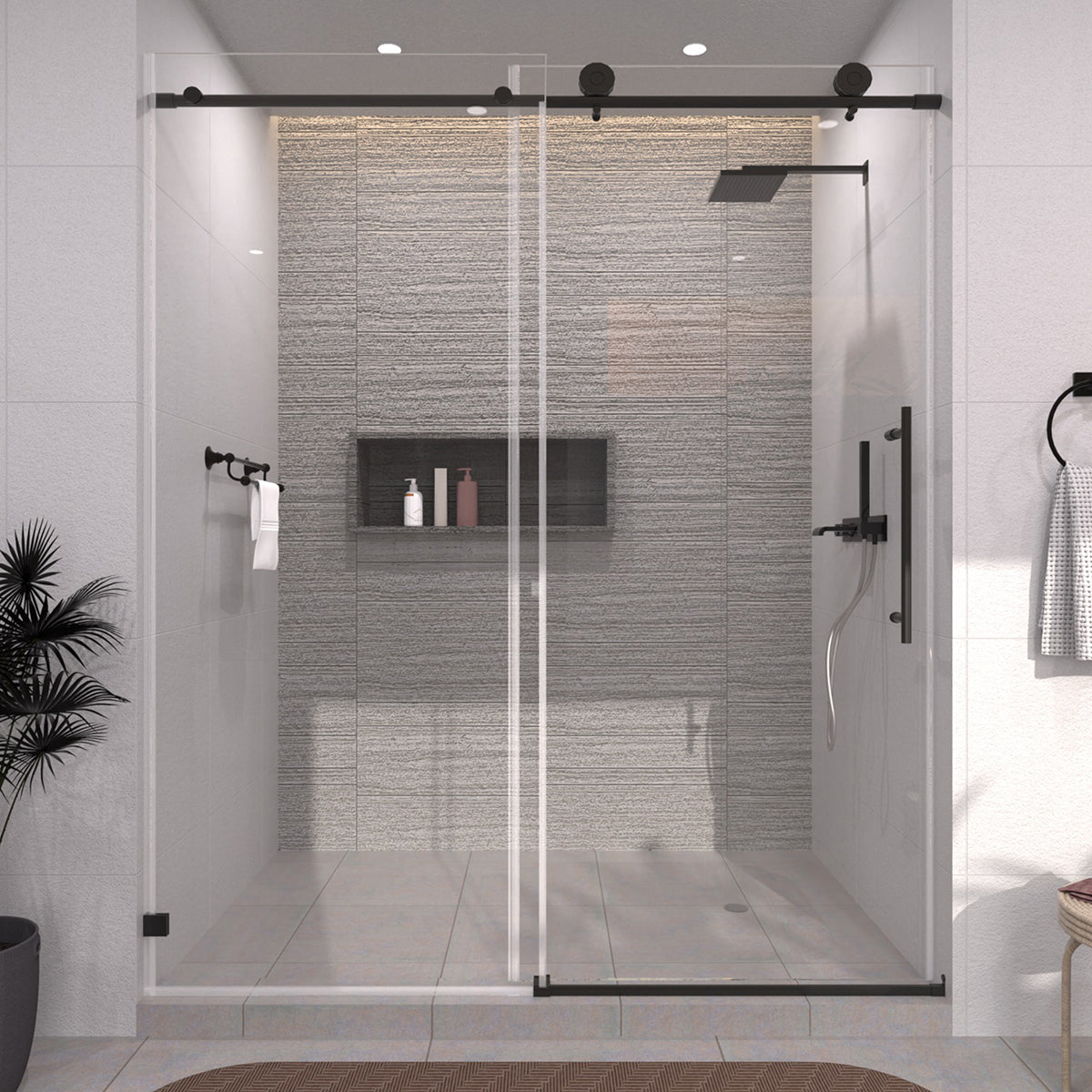 TaiMei 60 in. W x 76 in. H Sliding Semi-Frameless Shower Door with Clear Glass Matte Black 7051-7660-BL01_f2c95ff0-80fa-4f49-84e5-c9c3c83795ab