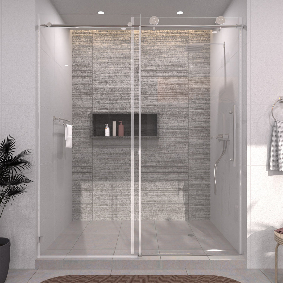 TaiMei 60 in. W x 76 in. H Sliding Semi-Frameless Shower Door with Clear Glass Chrome 7051-7660-CR01