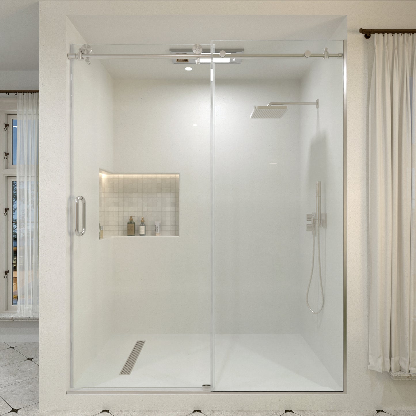 Bodum 60 in. W x 76 in. H Sliding Semi-Frameless Shower Door in Chrome Finish with Clear Glass Brushed Nickel 7051-7660BN-1_879020dd-2724-4ea7-ad31-2d3521a2b535