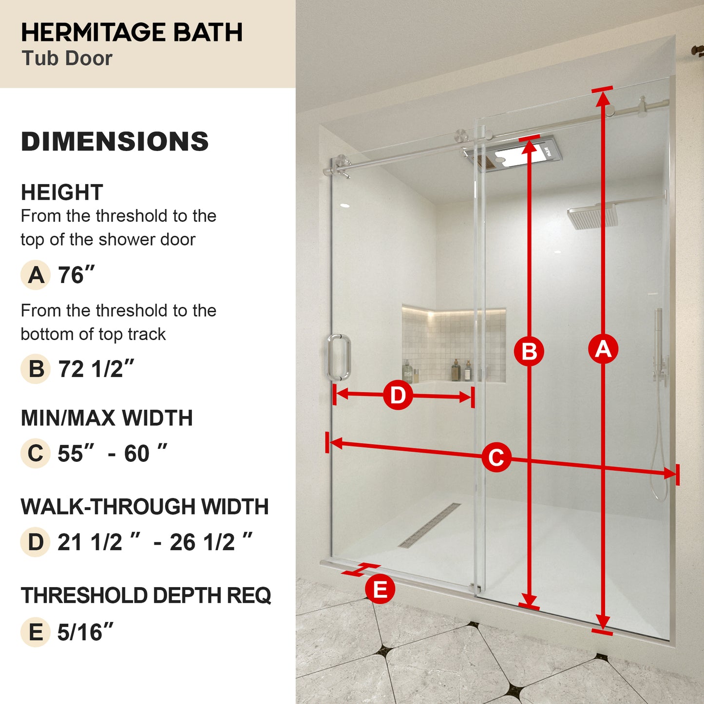 Brewo 60 in. W x 76 in. H Sliding Semi-Frameless Shower Door with Clear Glass