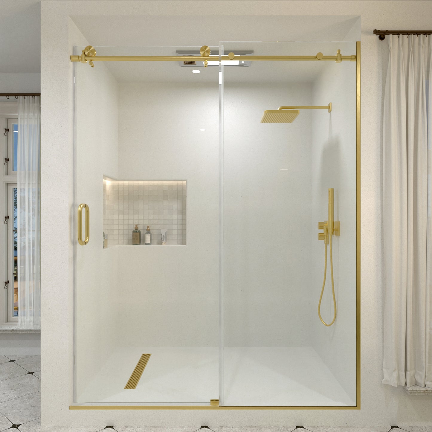 Bodum 60 in. W x 76 in. H Sliding Semi-Frameless Shower Door in Chrome Finish with Clear Glass Brushed Gold 7051-7660GD-1