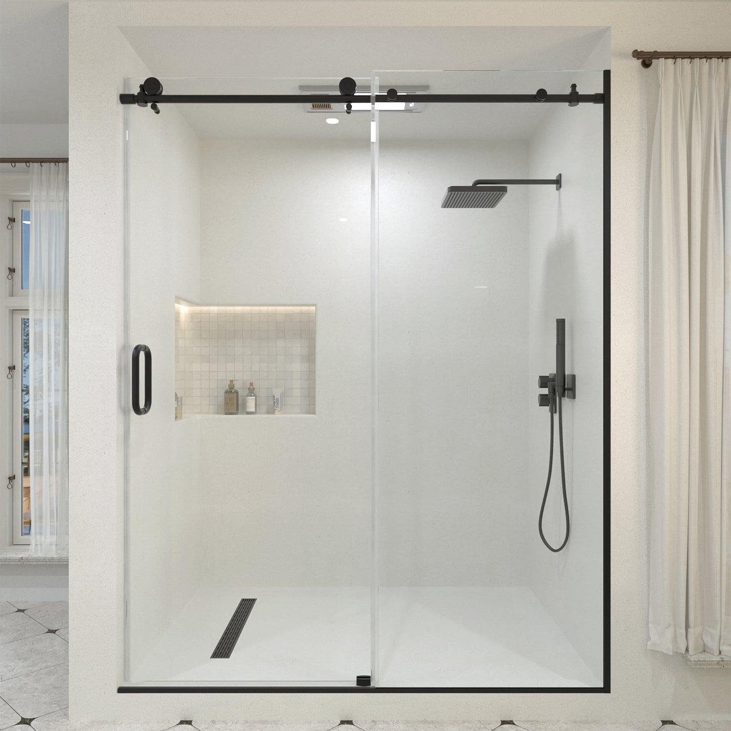 Bodum 60 in. W x 76 in. H Sliding Semi-Frameless Shower Door in Chrome Finish with Clear Glass Matte Black 7051-7660MB-1_ab09fc8e-3910-4eaf-8f60-acf0624aea84