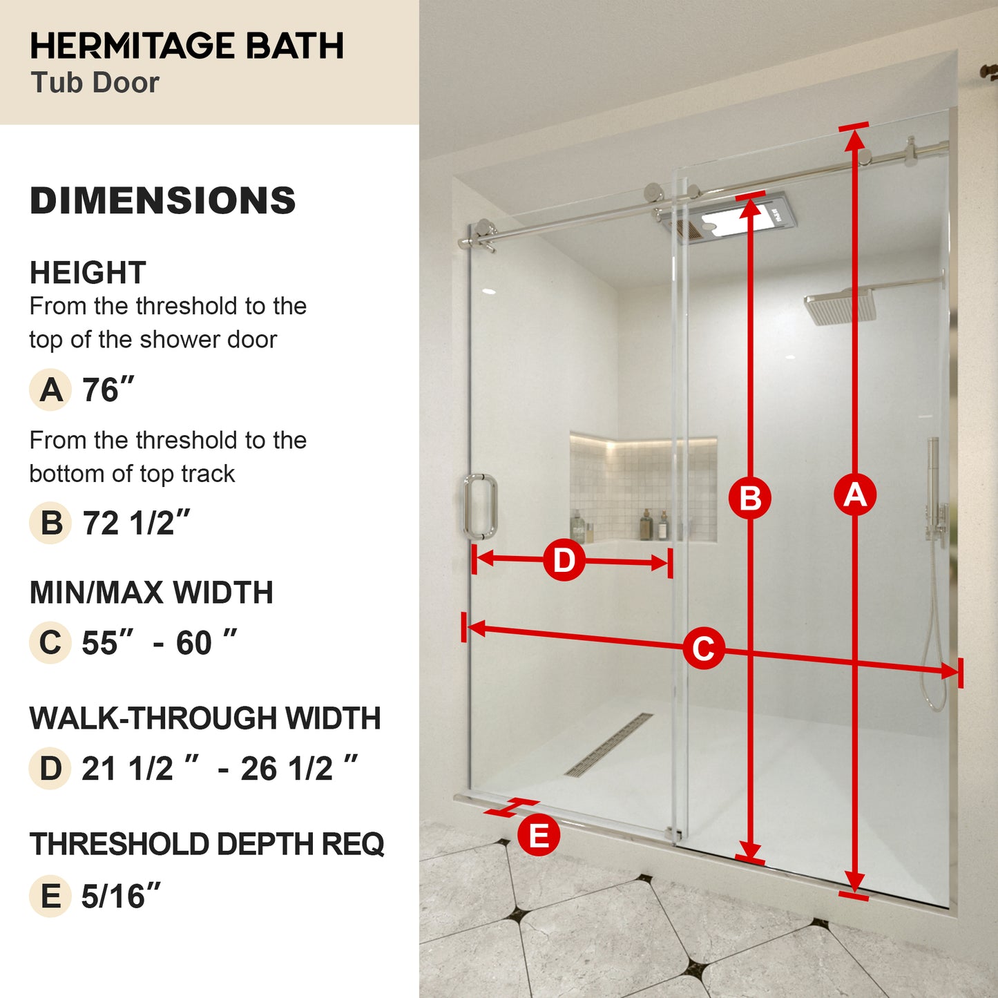 Brewo 60 in. W x 76 in. H Sliding Semi-Frameless Shower Door with Clear Glass