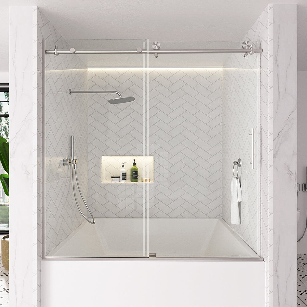 Verie 60 in. W x 60 in. H Frameless Sliding Tub Door with 1/4 in. Clear Tempered Glass Brushed Nickel 7051BN-1_96342f3f-46bb-40b4-832f-093e91386250