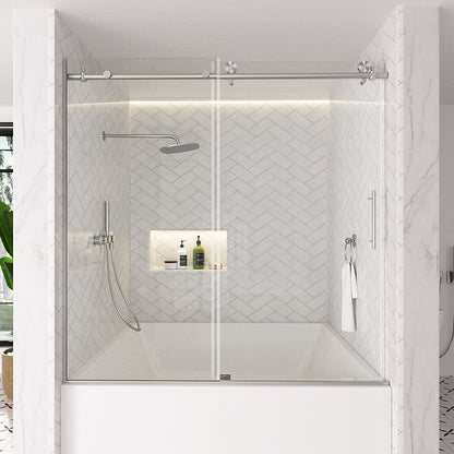 Verie 60 in. W x 60 in. H Frameless Sliding Tub Door with 1/4 in. Clear Tempered Glass Brushed Nickel 7051BN-1_96342f3f-46bb-40b4-832f-093e91386250