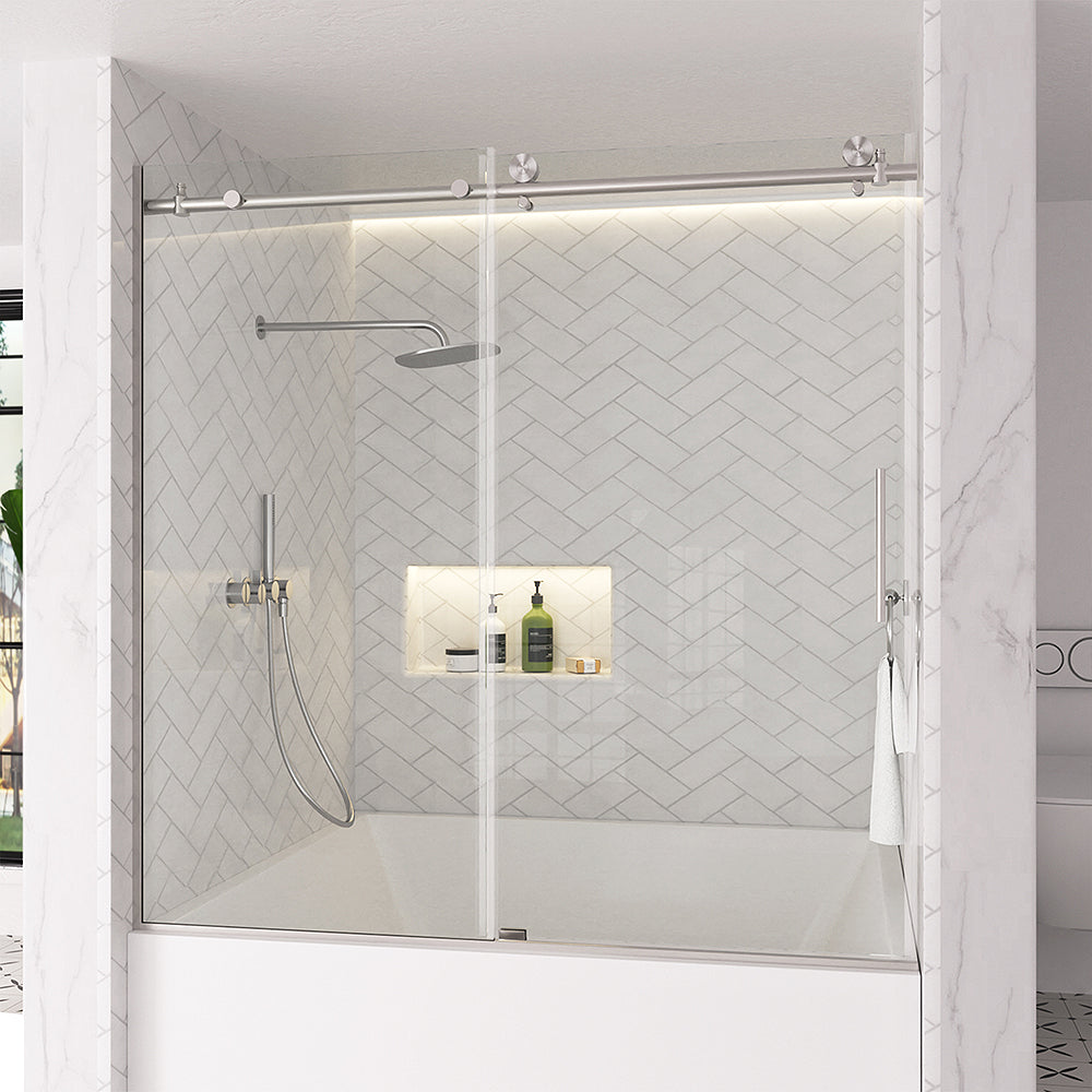 Verie 60 in. W x 60 in. H Frameless Sliding Tub Door with 1/4 in. Clear Tempered Glass 7051BN-2_3dd2892a-5995-4b72-becc-7c7cd385efe7