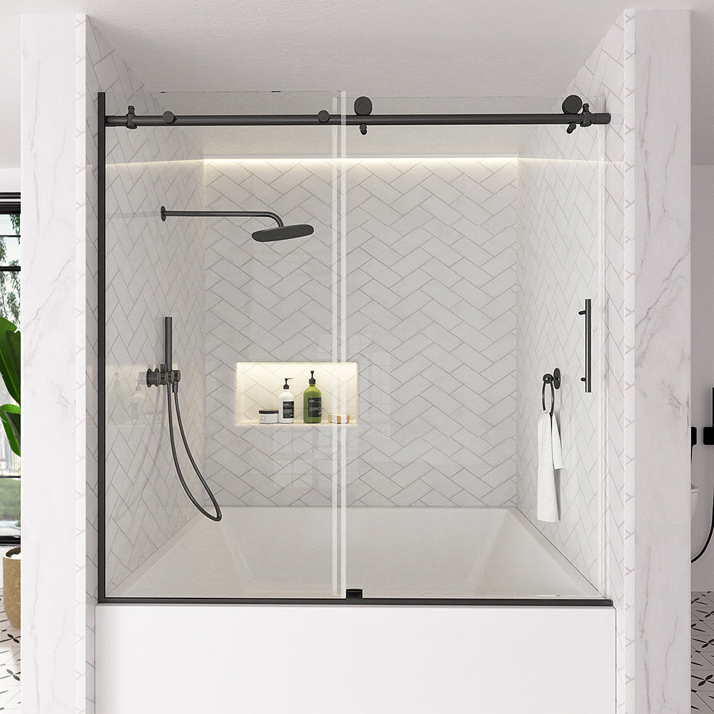 Verie 60 in. W x 60 in. H Frameless Sliding Tub Door with 1/4 in. Clear Tempered Glass Matte Black 7051MB-1_f46736f3-7235-4d55-8150-fc89ac6f916e
