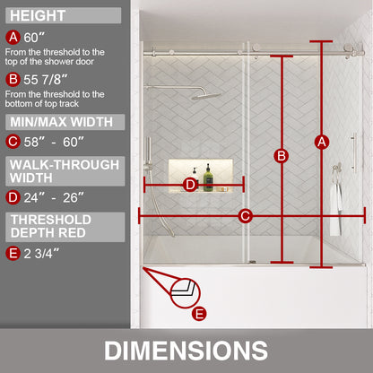 Verie 60 in. W x 60 in. H Frameless Sliding Tub Door with 1/4 in. Clear Tempered Glass 7051MB-3_37c8c8ed-78ed-474d-bdfb-4fb732e43bac