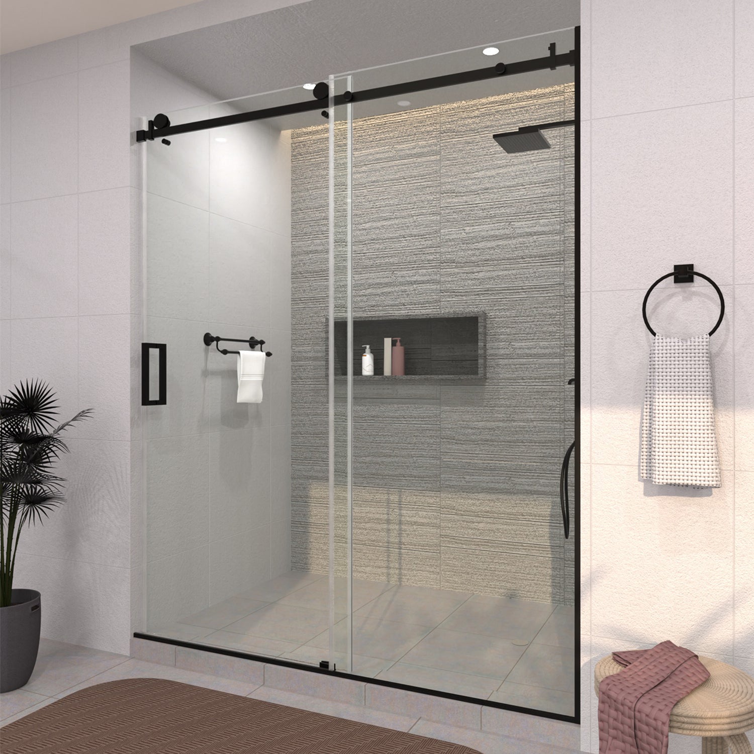 TaiMei 60 in. W x 76 in. H Sliding Semi-Frameless Shower Door with Clear Glass 7151-7660-BL15_8fdea773-acbb-4ce7-95c4-cfbf58564034