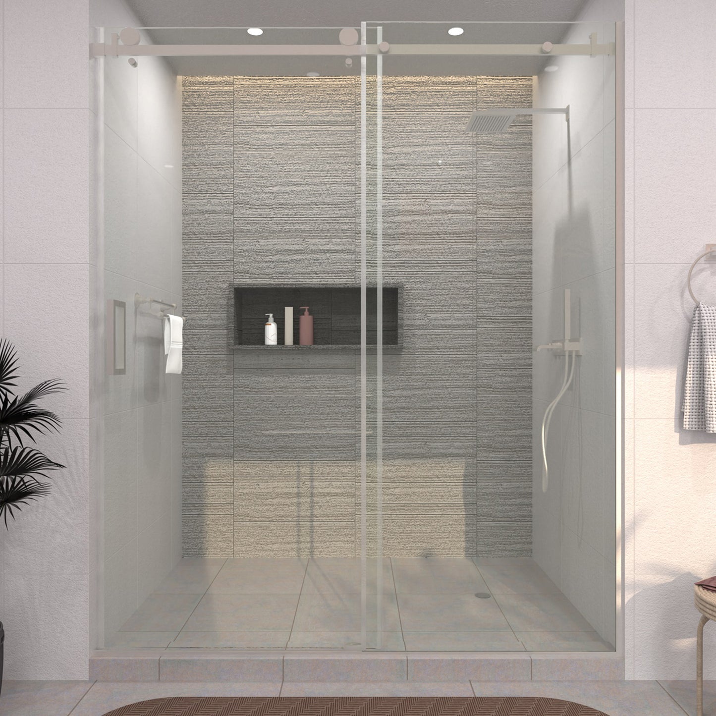 TaiMei 60 in. W x 76 in. H Sliding Semi-Frameless Shower Door with Clear Glass Brushed Nickel 7151-7660-BN01_3b60f504-4a1d-4b90-9737-224f9c12bc97