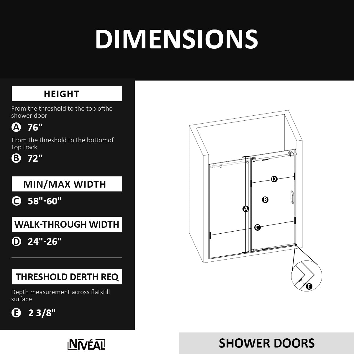 Niveal Essen 60 in. W x 76 in. H Sliding Semi-Frameless Shower Door with Clear Glass